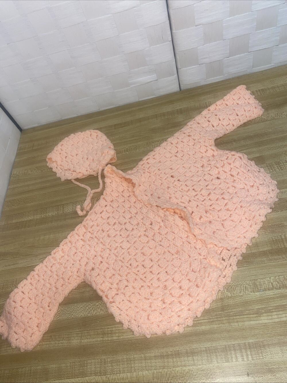 2 Pc Set Hand Crocheted Peach Baby Sweater & Hat Newborn To 3Mo